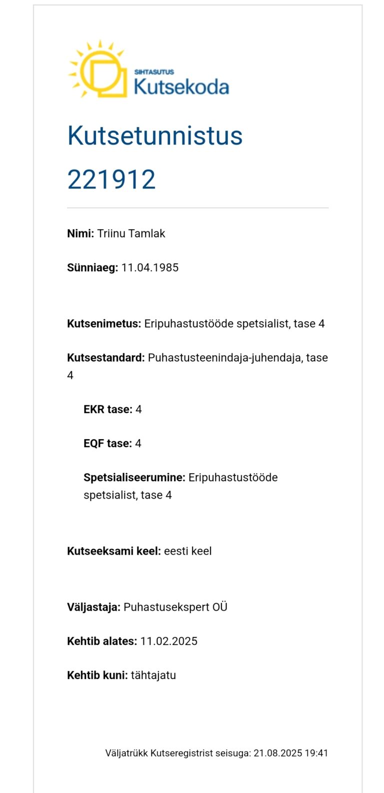 kutsetunnistus 221912